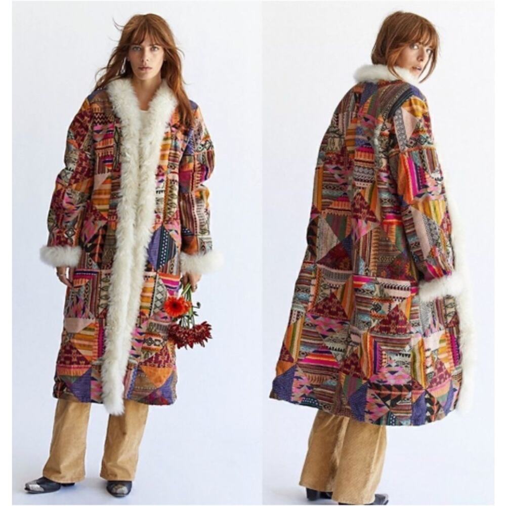 Free People Caravan Patchwork Shearling Trim Coat Sz M NWT - Picture 3 of 11